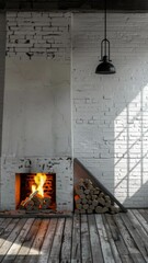 Poster - Cozy interior showcases a rustic fireplace, neatly stacked wood, and soft natural light creating a warm atmosphere