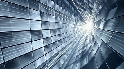 Poster - Light streams through intricate glass surfaces, creating a stunning visual in a contemporary architectural space filled with reflections