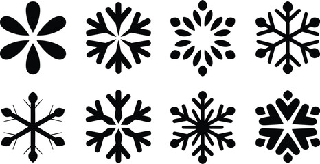Poster - A collection of eight different snowflake designs in black on a white background in a symmetrical pattern