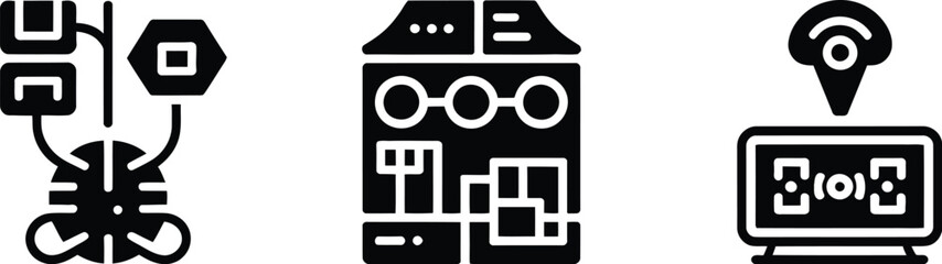 Poster - A set of three black and white icons depicting a brain connected to blocks, a server, and a gps on a screen
