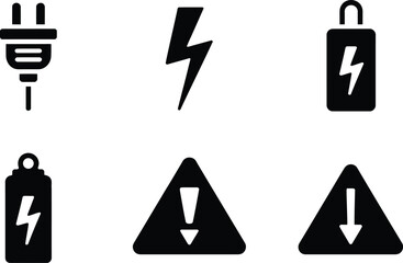 Fototapete - A collection of electrical and warning symbols including a plug lightning and warning triangles icons set up well