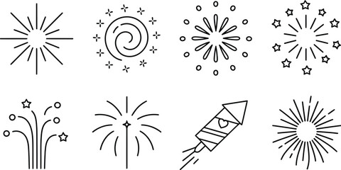 Poster - A collection of eight different firework designs in a simple black and white line drawing style art