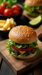 Poster - Freshly prepared burger with lettuce, tomato, and cheese served on a wooden cutting board