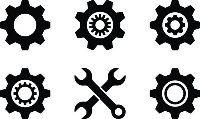 Poster - Six black gear icons and two crossed wrench icons on a white background in a vector illustration