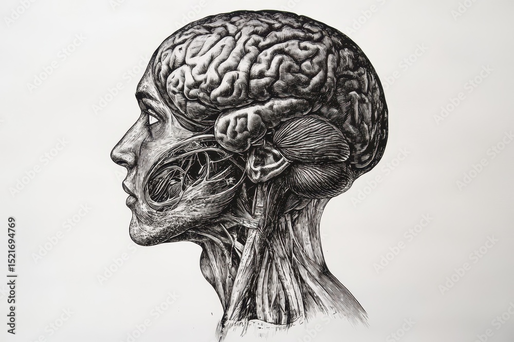 Anatomical illustration of a human brain side view, Side view ...