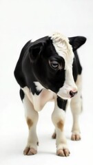 Poster - A black and white cow stands on a white surface, providing a striking contrast