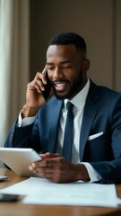 Poster - A man in a suit standing and talking on his cell phone