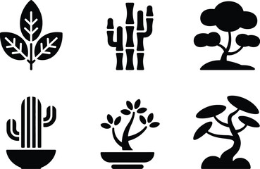 Poster - A collection of six black and white plant icons including a leaf bamboo cactus and bonsai trees