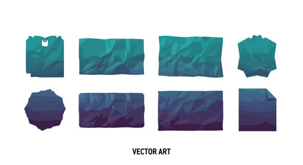 Poster - Collection of eight crumpled paper pieces in shades of blue and purple on white background art design