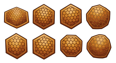 Poster - Collection of eight shields with hexagonal patterns arranged on a white background view from above