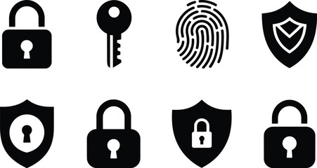 Poster - a collection of security icons featuring locks keys shields and a fingerprint on a white background