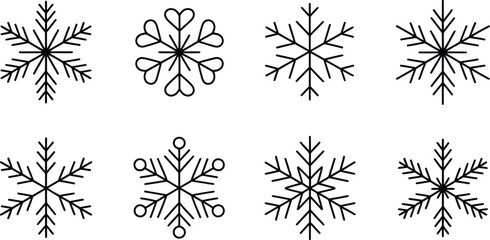 Poster - A horizontal arrangement of eight unique snowflake designs in black outline on a white background