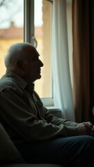 Aufkleber - A person sitting on a couch, looking out the window with a contemplative expression