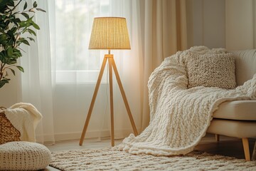 Poster - Cozy living room with a stylish lamp and warm textured fabrics in soft natural light during the afternoon