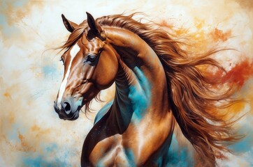  Majestic brown horse with flowing mane in vibrant artistic depiction against colorful background