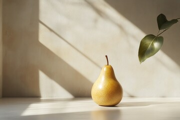 Aufkleber - Yellow pear positioned on a minimalist surface illuminated by soft shadows cast from nearby foliage in a serene contemporary setting