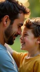 Poster - A happy moment between a grown-up male and a young child, perfect for capturing warmth and friendship