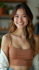 Aufkleber - A happy woman wearing a tan top and smiling at the camera
