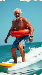 Poster - A surfer rides the crest of a large wave on his surfboard, with the sun shining down