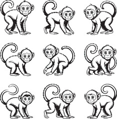Leinwandbilder - Collection of adorable black and white monkey illustrations in various poses for design projects