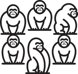 Leinwandbilder - Stylized black and white vector illustrations of gorillas in different poses ideal for graphic designs and illustrations.