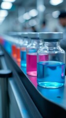 Poster - A collection of glass bottles filled with colorful liquids, suitable for use in pharmaceutical, cosmetic or scientific illustrations
