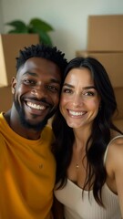 Poster - A man and a woman pose for a photo together, smiling and embracing