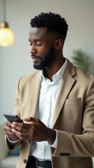Poster - A person wearing a brown suit looks down at their smartphone