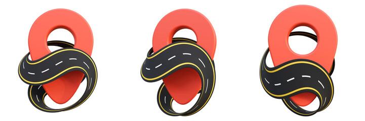 Poster - Set of red map pin with road on isolated background. Road on gps location pin 3d illustration. Highway road around a navigation pin. Concept of logistics, traffic, travel and transport.