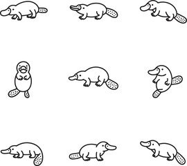 Leinwandbilder - A collection of cute and simple black and white platypus illustrations in various poses on white background