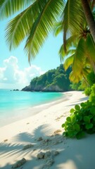 Poster - A serene coastal scene featuring a sandy beach lined with palm trees, set against the backdrop of a calm blue ocean