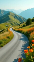 Poster - A winding road surrounded by a colorful field of flowers
