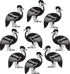 Leinwandbilder - Repeating vector illustration of stylized black and white birds with detailed feather and crest patterns on white background