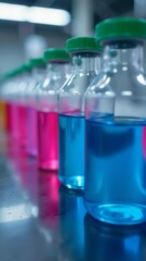 Poster - A collection of glass bottles filled with variously colored liquids, ideal for backgrounds or still life compositions
