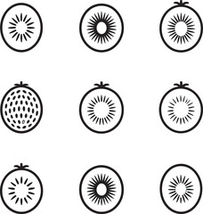 Leinwandbilder - Set of minimalist black and white kiwi fruit illustrations isolated on a white background for design