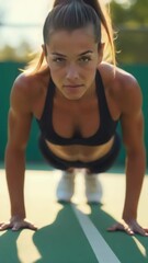 Poster - A woman performing push-ups on a tennis court