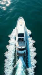 Poster - A small white boat sailing smoothly on the surface of a peaceful lake or sea, perfect for illustrations related to relaxation, vacation, or transportation