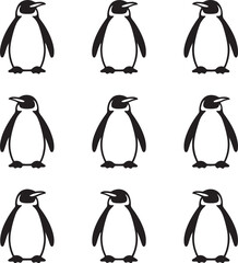 Leinwandbilder - Simple black and white vector illustrations of nine adorable penguins standing on a clean white background