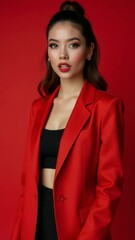 Poster - A woman wearing a bright red jacket over a black top, ready for outdoor activities or work