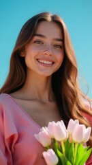 Poster - A beautiful young woman holds a bouquet of colorful flowers
