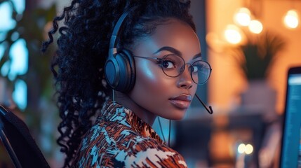 Aufkleber - Young woman with curly hair and glasses working in a modern office environment, engaged in a conversation while wearing a headset during an evening online meeting