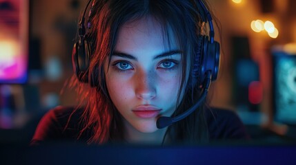 Aufkleber - Young woman with curly hair and glasses working in a modern office environment, engaged in a conversation while wearing a headset during an evening online meeting