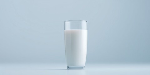 Poster - Transparent glass filled with fresh milk stands on a smooth surface against a soft gradient background, showcasing simplicity and purity in beverage presentation