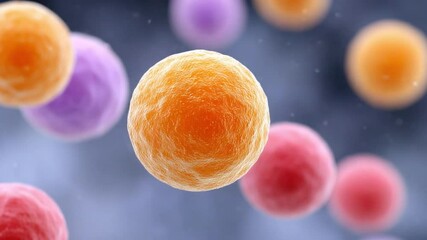 Aufkleber - Microscopic Cell Clusters: A vibrant cluster of colorful cells, each with a unique texture and hue, floats against a muted background in a microscopic view.