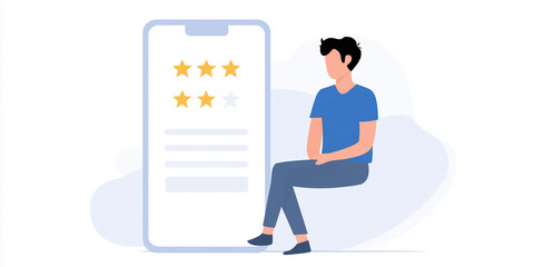 Poster - User providing feedback on mobile application interface with rating stars and review text showcasing user experience evaluation concept