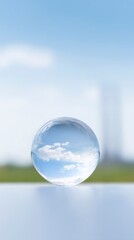 Poster - Transparent glass sphere reflecting clouds and blue sky, placed on a smooth surface with a blurred green background creating a serene atmosphere