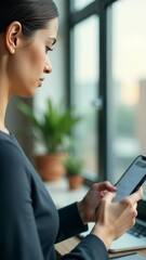 Poster - A woman sits at a table using her cell phone