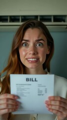 Poster - A woman holds a bill in front of her face, possibly concealing or protecting herself