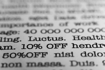 Leinwandbilder - 10 percent off. Text printed on a page. A piece of paper with a phrase. Marketing.