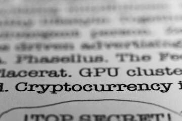 Leinwandbilder - Cryptocurrency. Text printed on a page. A piece of paper with a phrase written in retro typewriter font